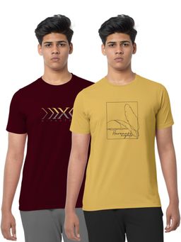 BULLMER - Burgundy Mustard Trendy Printed Cotton T-shirt For Men (Pack of 2)