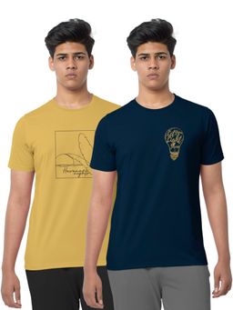 BULLMER - Mustard Petrol Blue Trendy Printed Cotton T-shirt For Men (Pack of 2)