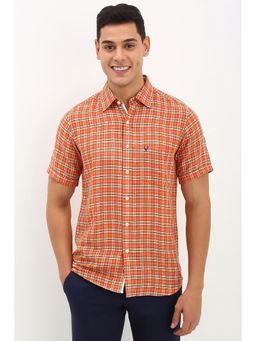 Allen Solly - Men Orange Slim Fit Checked Half Sleeves Casual Shirt