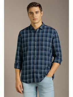 Louis Philippe - Men Navy Blue Check Full Sleeves Casual Shirt