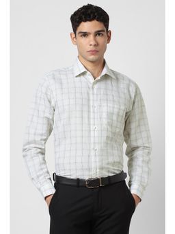 Van Heusen - Men Cream Check Full Sleeves Linen Blend Formal Shirt