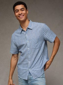 American Eagle - Ae Short-Sleeve Button-Up Blue Shirt