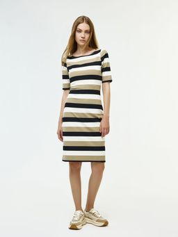 Cover Story - Beige Multi Stripes Bodycon Dress