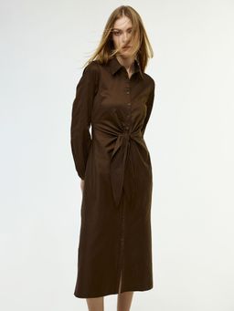 Cover Story - Ivanka Brown Solid Mid Calf Shirt Dress
