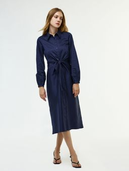 Cover Story - Sansa Navy Blue Solid Mid Calf Shirt Dress