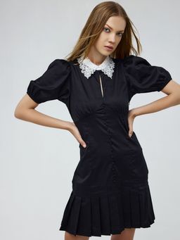 Cover Story - Black Solid Puff Sleeves Mini Dress