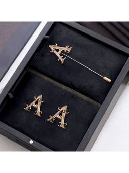 Cosa Nostraa - Antique Gold "A" Alphabet Cufflink & Lapel Pin Gift Set for Men