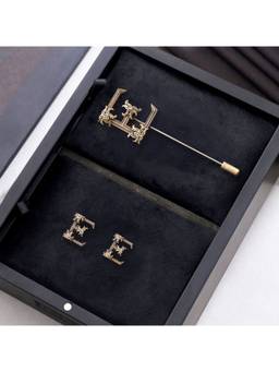 Cosa Nostraa - Antique Gold "E" Alphabet Cufflink & Lapel Pin Gift Set for Men