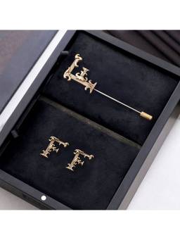 Cosa Nostraa - Antique Gold "F" Alphabet Cufflink & Lapel Pin Gift Set for Men