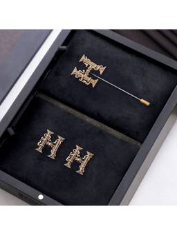 Cosa Nostraa - Antique Gold "H" Alphabet Cufflink & Lapel Pin Gift Set for Men
