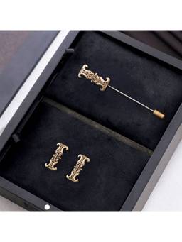 Cosa Nostraa - Antique Gold "I" Alphabet Cufflink & Lapel Pin Gift Set for Men