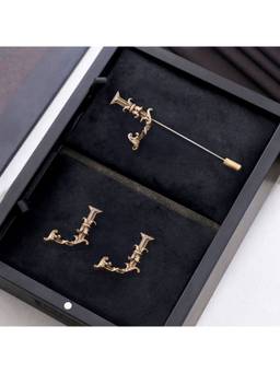 Cosa Nostraa - Antique Gold "J" Alphabet Cufflink & Lapel Pin Gift Set for Men