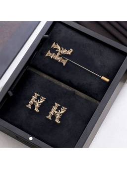 Cosa Nostraa - Antique Gold "K" Alphabet Cufflink & Lapel Pin Gift Set for Men