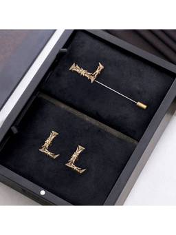Cosa Nostraa - Antique Gold "L" Alphabet Cufflink & Lapel Pin Gift Set for Men