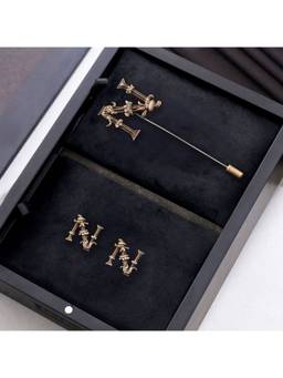 Cosa Nostraa - Antique Gold "N" Alphabet Cufflink & Lapel Pin Gift Set for Men