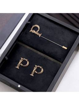 Cosa Nostraa - Antique Gold "P" Alphabet Cufflink & Lapel Pin Gift Set for Men