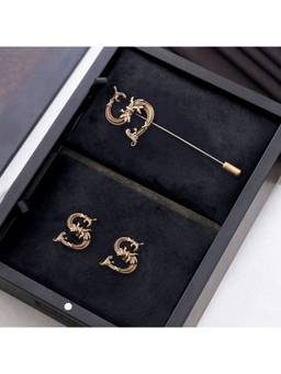 Cosa Nostraa - Antique Gold "S" Alphabet Cufflink & Lapel Pin Gift Set for Men