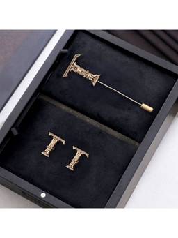 Cosa Nostraa - Antique Gold "T" Alphabet Cufflink & Lapel Pin Gift Set for Men