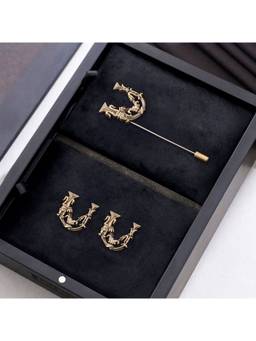 Cosa Nostraa - Antique Gold "U" Alphabet Cufflink & Lapel Pin Gift Set for Men