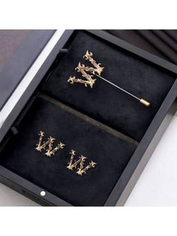 Cosa Nostraa - Antique Gold "W" Alphabet Cufflink & Lapel Pin Gift Set for Men