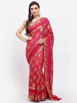 KISHORI - Women Bandhani With Zari Weaving Silk Saree & Blouse Dark Pink with Unstitched