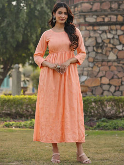 Juniper - Women Peach Muslin Embroidered Maxi Dress
