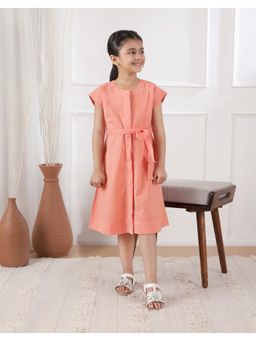Fabindia - Coral Cotton Linen Embroidered Dress With Belt
