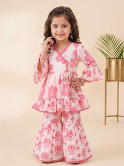 Blabber - Printed Cotton Girls Ethnic Wear 3/4 Sleeve Kurti And Sharara- Pink