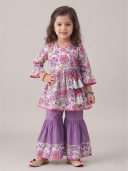 Blabber - Printed Cotton Girls Ethnic Wear 3/4 Sleeve Kurti And Sharara- Lavender