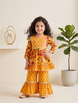 Blabber - Printed Cotton Girls Ethnic Wear 3/4 Sleeve Kurti And Sharara-Yellow