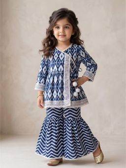 Blabber - Printed Cotton Girls Ethnic Wear 3/4 Sleeve Kurti And Sharara - Blue