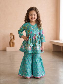 Blabber - Printed Cotton Girls Ethnic Wear 3/4 Sleeve Kurti And Sharara - Sky Blue