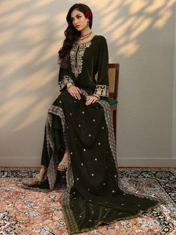 Libas - Green Floral Straight Kurta and Pant with Dupatta