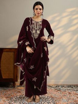 Libas - Maroon Embroidered Straight Kurta and Pant with Dupatta