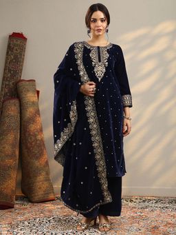 Libas - Navy Blue Embroidered Straight Kurta and Pant with Dupatta