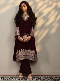 Libas - Maroon Embroidered Straight Kurta and Pant with Dupatta