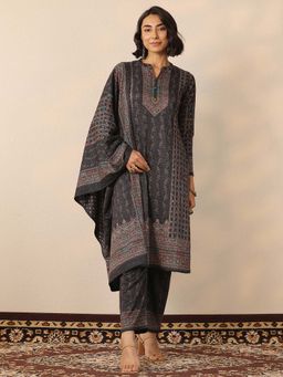 Libas - Black Floral Straight Kurta and Pant with Dupatta