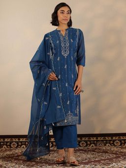 Libas - Navy Blue Floral Regular Kurta and Pant with Dupatta