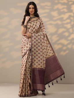 Libas - Beige Printed Saree with Unstitched Blouse
