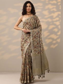 Libas - Beige Printed Saree with Unstitched Blouse