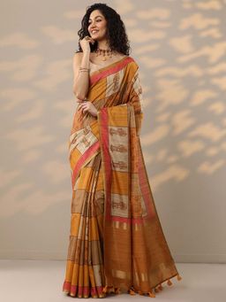 Libas - Orange Printed Saree with Unstitched Blouse