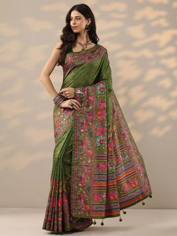 Libas - Green Printed Saree with Unstitched Blouse