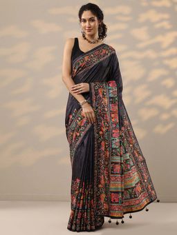 Libas - Black Printed Saree with Unstitched Blouse