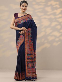 Libas - Navy Blue Printed Saree with Unstitched Blouse