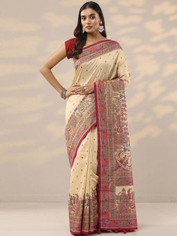 Libas - Cream Woven Saree with Unstitched Blouse