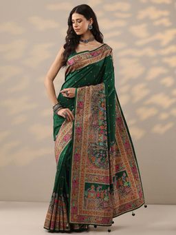 Libas - Green Printed Saree with Unstitched Blouse