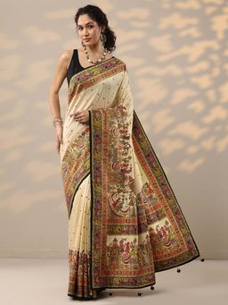 Libas - Beige Printed Saree with Unstitched Blouse