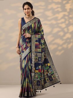 Libas - Navy Blue Woven Saree with Unstitched Blouse