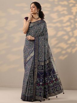 Libas - Navy Blue Woven Saree with Unstitched Blouse
