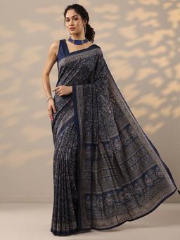 Libas - Navy Blue Printed Saree with Unstitched Blouse